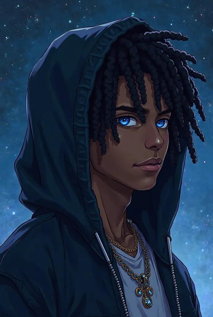 Black male 18 Dreadlocks, Blue and Silver Eyes, Hood, Anime, Anime Style, From Behind, High Resolution, Masterpiece, High Details, Detail, High Quality, Jewelry, looking up at a night sky