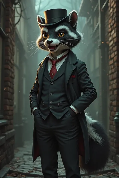 A skunk in a suit and he looks like his name is Mr. Skunk old fashion and creepy