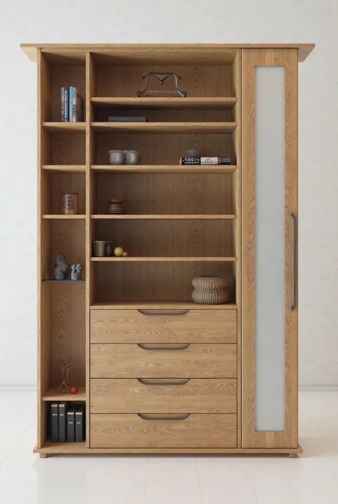  5 shelves on the side with wooden door with built-in glass attached chest of drawers dresser