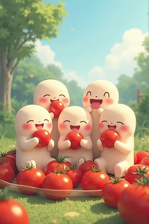 5 people with Momo's body smiling at the screen with eating tomatoes in the background 