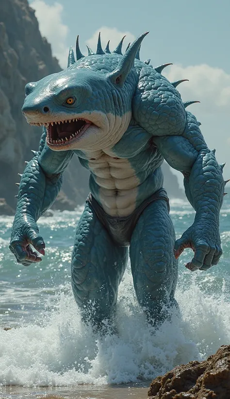 "A fierce shark with a human torso, its muscular body covered in sleek, shark-like skin, ready to dominate both water and land.