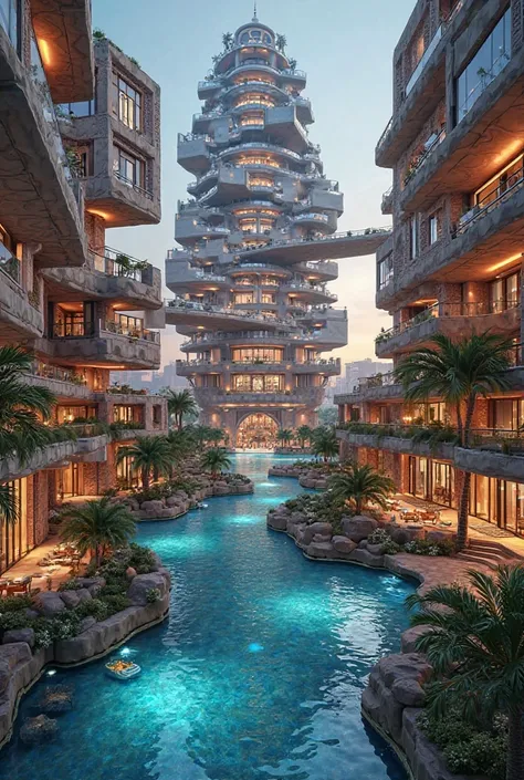 **Midjourney Prompt:**  

"Design a luxurious 5-star hotel complex inspired by the concept of 'Artery of Civilization,' where a grand river flows through the heart of the structure, symbolizing historical connectivity. The hotel features multiple interconn...