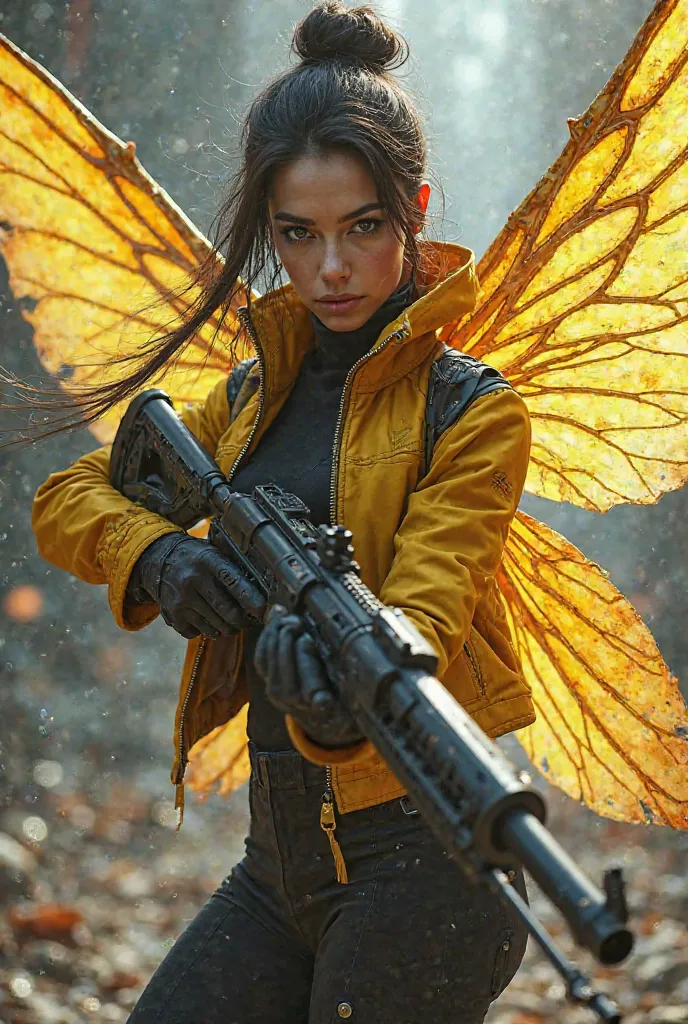 Make a woman in a yellow and black jacket with fairy wings shooting with a futuristic gun