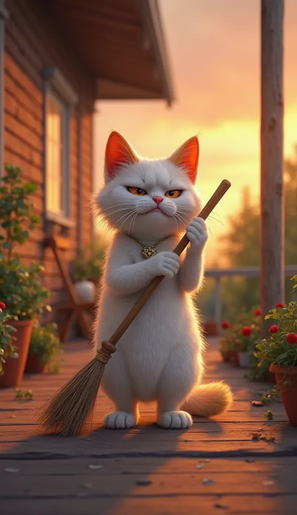 A realistic white-haired cat with orange , is standing on her hind legs on a wooden porch. She holds a broom with her front legs , She's angry and talking and her eyes are expressive.  The scene takes place at dusk , with an orange sky in the background an...