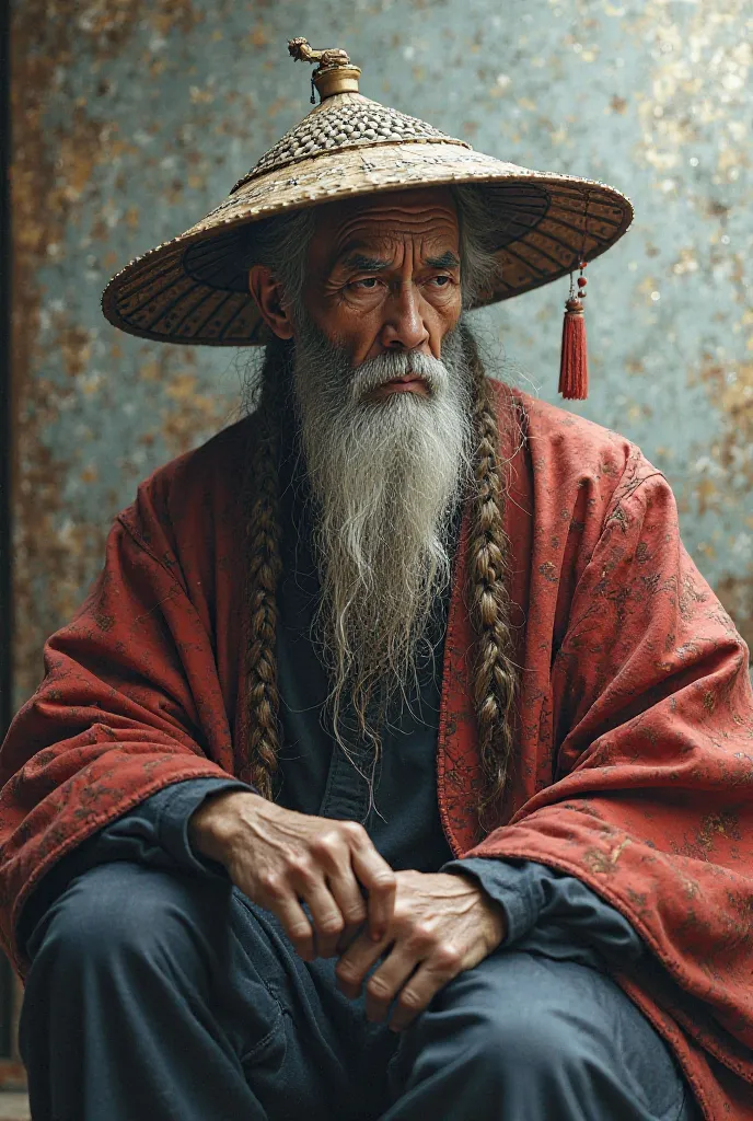 An old and wise Optimus Prime, sitting and with a long beard and a Chinese hat