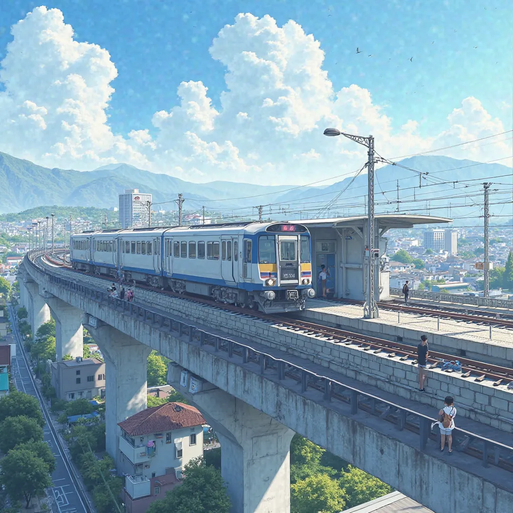 A train station on an overpass
The station building is modern, splendid, and large
Stairs to the ground
Sparse passengers getting on and off
The height of the overpass is the height of the roof of a private house
The train arrived in 2 cars
Japanese Bed To...