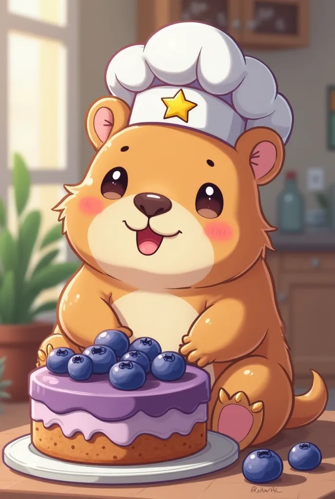 Create a kawai capybara with a chef's hat with a star and a blueberry cake on its legs 