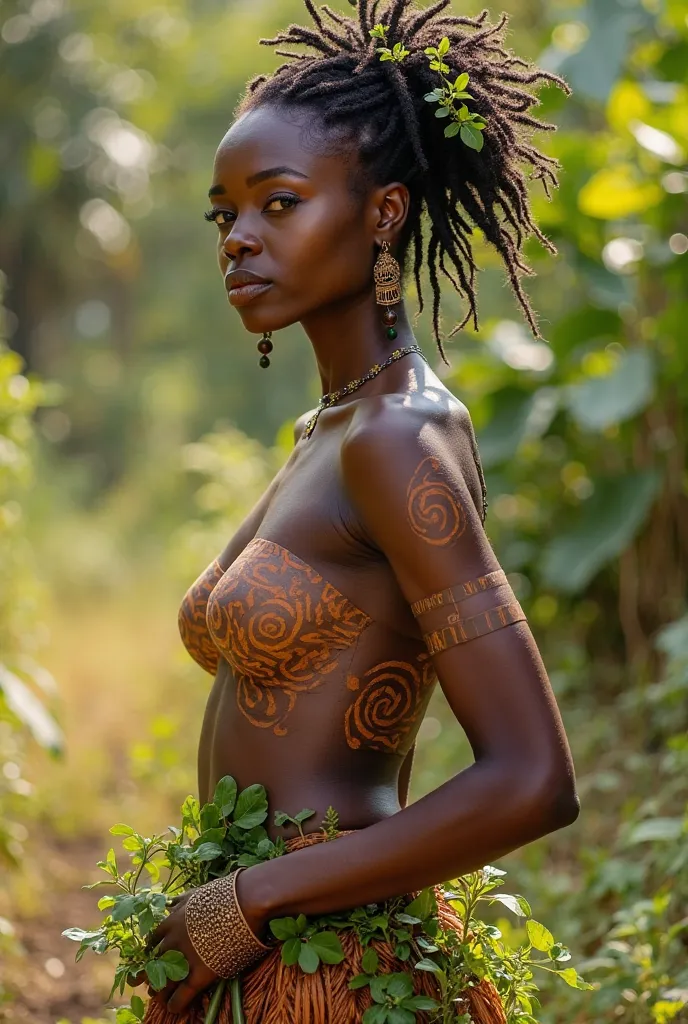 "A striking African woman stands with confidence, her deep mahogany skin glowing under the warm sun. She embodies a timeless elegance, blending ancestral heritage with a modern artistic touch. Her hair is styled naturally, interwoven with vibrant green lea...