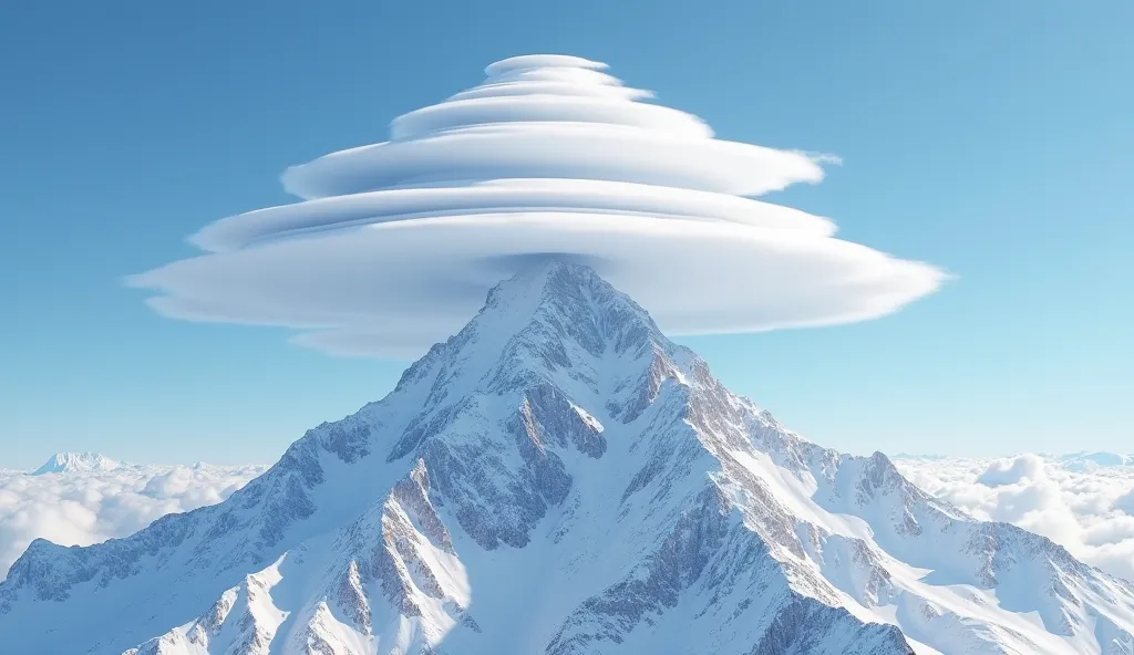 "A majestic mountain peak under a clear blue sky, with several lenticular clouds stacked like giant pancakes above it. The clouds are smooth and lens-shaped, casting soft shadows on the snow-covered slopes below. Foto realista, —ar 16:9" |
