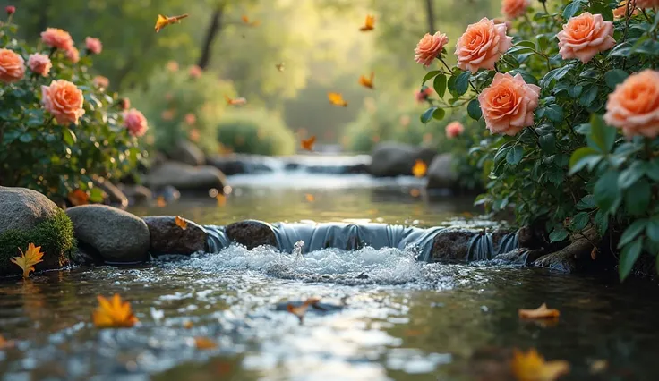 A photorealistic scene presenting multiple layers of natural activity: drifting leaves, a gentle current in a stream, and robust rose bushes blooming at the water’s edge. The vantage point suggests a continuum of motion, with no humans interrupting the flo...