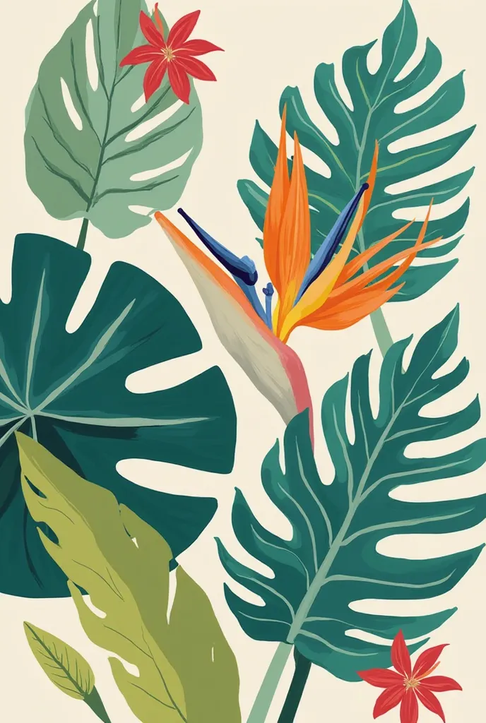 Create an image of a tropical mural designed for a small entryway wall. The mural features a selection of tropical plant leaves, such as monstera and palm leaves, painted in vibrant colors like emerald green, deep teal, and bright lime. Among these leaves,...