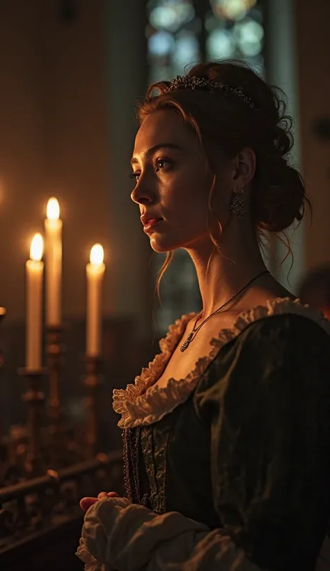 "A beautiful young woman , dressed in antique 19th century clothing, looking at a priest in a dark church, expression of guilt and fear , dramatic lighting with candles, Realistic style, warm and dark colors ."