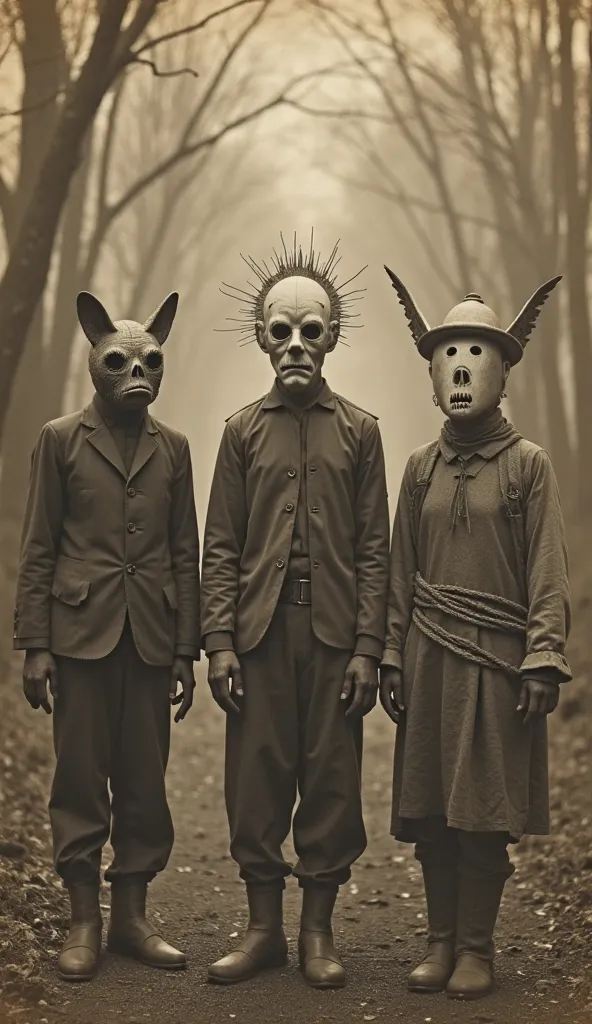 A vintage, eerie photograph of three ren standing in a foggy forest path, wearing unsettling handmade masks. The first  wears a grotesque, animal-like mask with pointed ears, hollow eyes, and a stitched mouth. The second  wears a round, pale mask with smal...