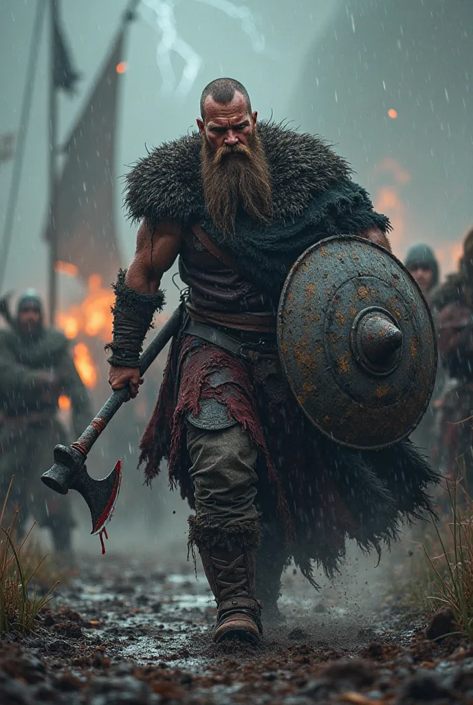 A fierce Viking warrior advances into battle, his face stained with dirt and blood, eyes burning with relentless anger. He holds a huge battle axe, his blade stained with crimson, while its round shield, crumpled and marked, deflects the blows received. Th...