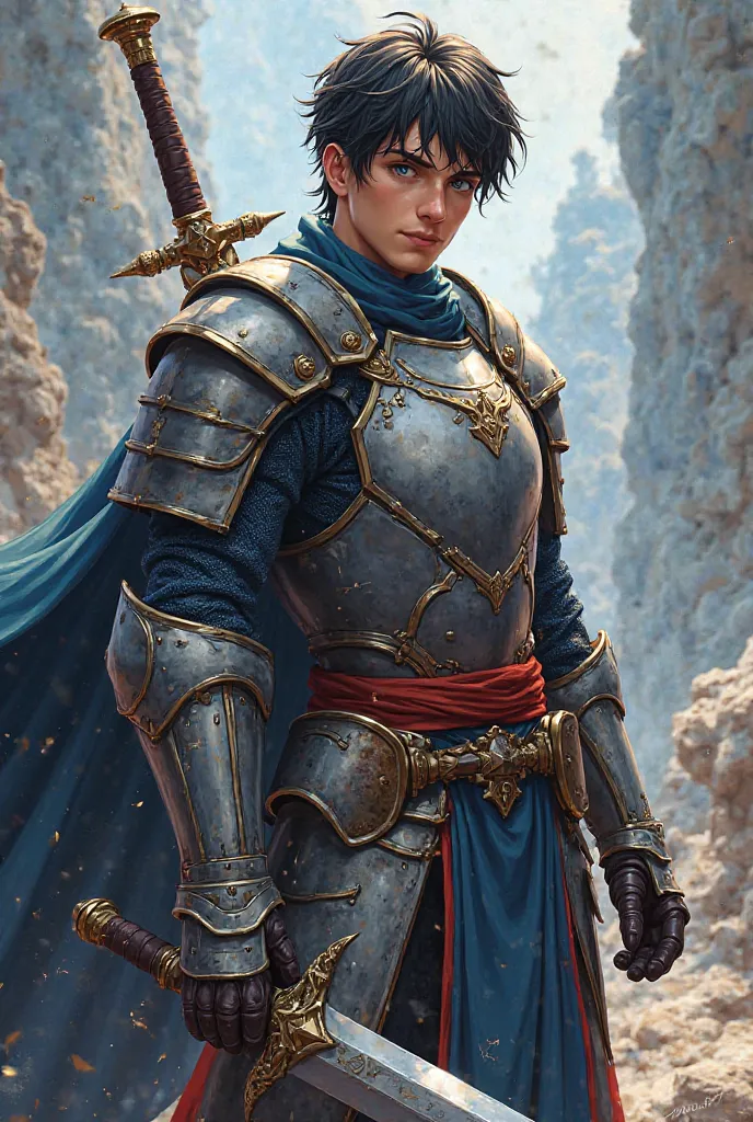 a young guy with armor with a sword in his hands. not particularly long hair and not a particularly slim but not fat build ( Anime style)