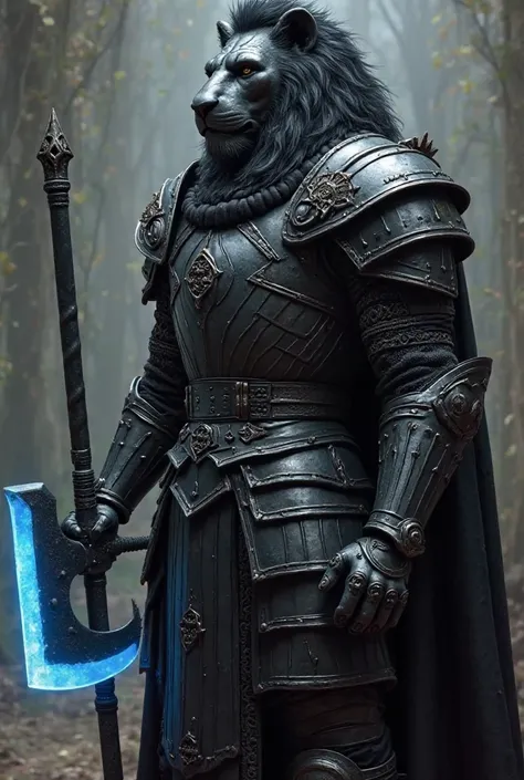 I want to create a gentleman with a fairly impressive black armor looking like a lion, with an axe with a black-black handle and bright light blue edge. That his armor has certain cuts due to the battles he went through and that his axe is somewhat worn 