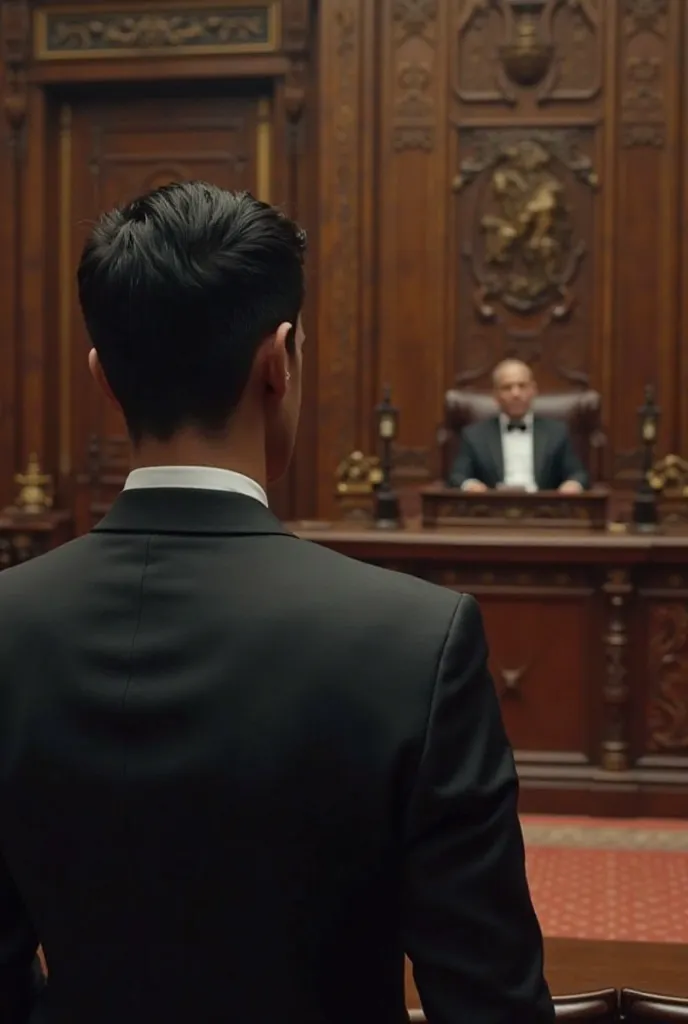 Image in 8k, UHD, QHD of a lawyer sitting across from a judge in a courtroom in Ecuador. The lawyer has black hair and is the slender,  mixed leather. 