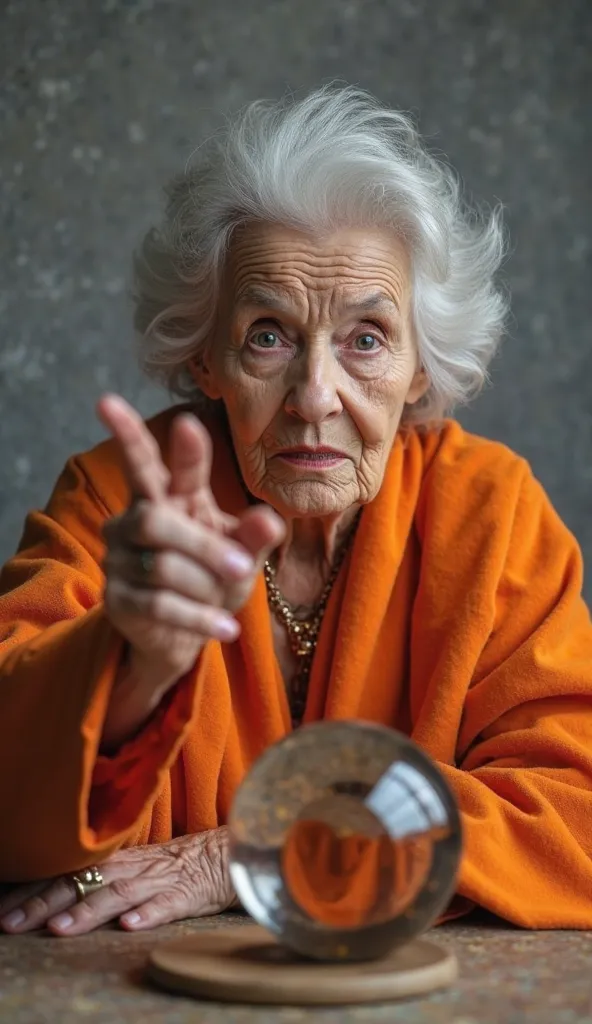 An elderly fortune teller with short, silver hair that frames her face, giving her a sharp and focused appearance. Her deep, piercing eyes convey both wisdom and mystery. She wears a striking orange robe, its vibrant color standing out against the soft gra...