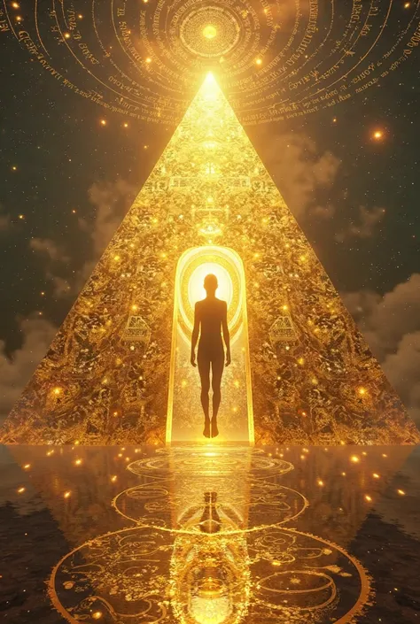 A golden pyramid radiating mystical energy, with a levitating human silhouette inside, their heart glowing with divine cosmic light. Surrounding the pyramid are celestial symbols, runes, and intricate pathways, depicting the alignment of mind, body, and un...