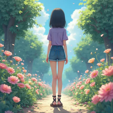 An incredibly serene and relaxing anime style scene that presents a young woman, the woman is standing and her clothing is jean shorts and a purple blouse, she is wearing black sandals with crossed straps on her legs. His hair is black. All around are deli...