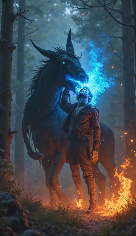 "A headless mule attacking a man with blue fire, flames surrounding the victim's body, expression of pain and terror,  dark forest background ,  dramatic realistic style , dark colors with bright fire."