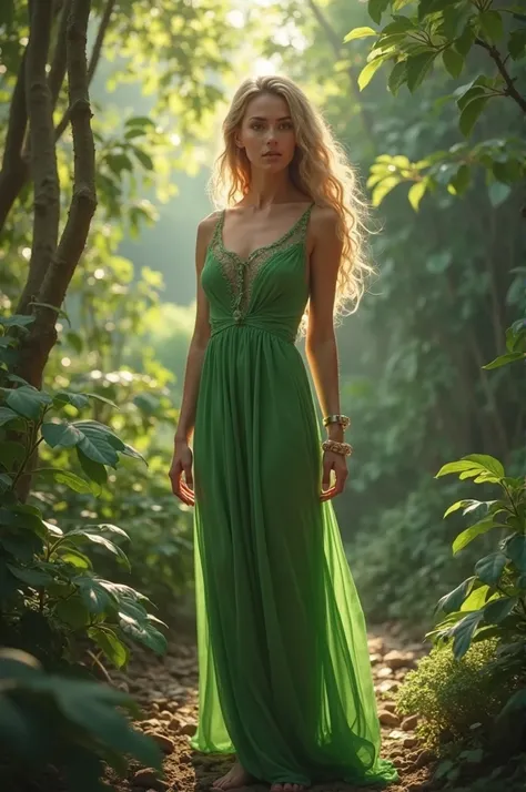 a Brazilian woman,  blond haired clothes, wearing a long dress in the color green, realistic hd image 