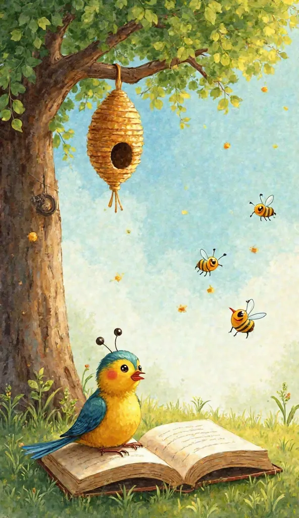 Spring season : bird , Papillon, Bees in a hive hanging from a tree branch , A cute smiling young , couché dans l'herbe regarde le spectacle dans les airs, near a giant open book on the ground.   Pixar watercolor .   