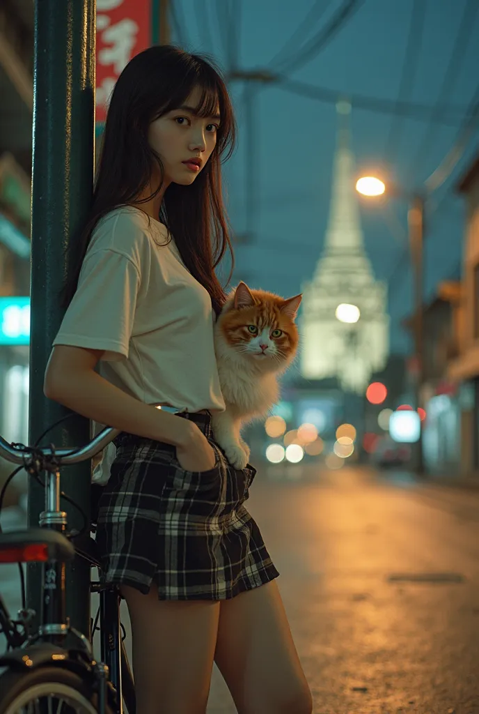 age girl with a  British Shorthair Cat, night city scene.  East-Asian female, 16-18 years old,  leans casually against a bicycle,  wearing a white cropped tank top with a graphic design on it, and a plaid mini skirt.  Natural looking, soft features; neutra...