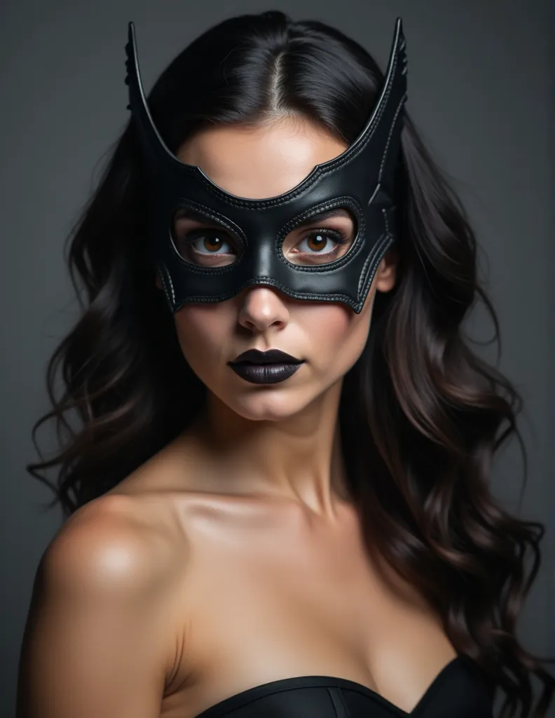 A young woman, likely Caucasian, is depicted from the mid-chest up. She is wearing a dark, leather-like mask with pointed earpieces, resembling a classic superhero mask.  Her hair is voluminous, dark, and wavy, cascading down and around her face.  Her make...