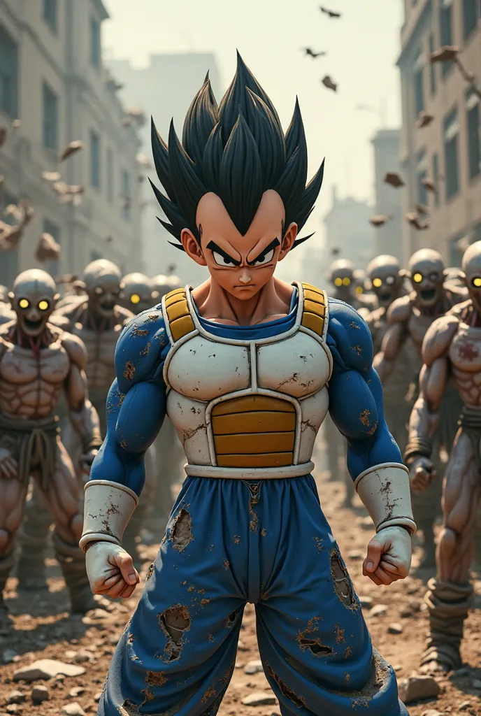 A thrilling 3D Disney-Pixar style action shot of Vegeta, a muscular Saiyan warrior with spiky black hair and a widow’s peak, standing back against a crumbling wall, surrounded by dozens of terrifying zombie warriors. Vegeta wears a torn and scratched blue ...