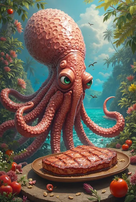 I want to create a picture of squid eating picanha