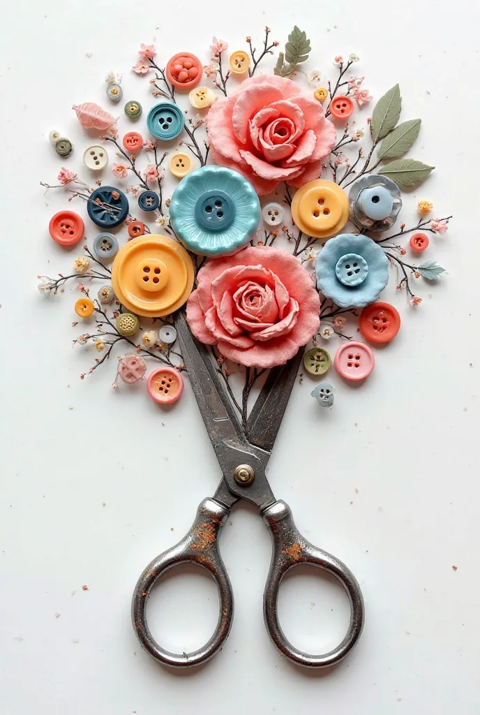 Generate an image of a, With a scissor barrel using the part that holds the scissors as if it were a bow and the part that cuts down then in the part of the flowers replace with buttons and threads and the branches can be made of needles, I want something ...