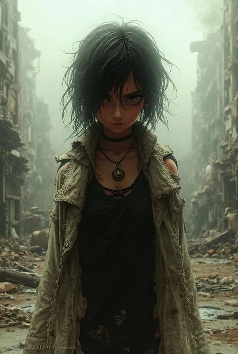 Make a 15-year-old girl , black eyes and short hair in the shape of a c , with an apocalyptic look, with a realistic comic book style.