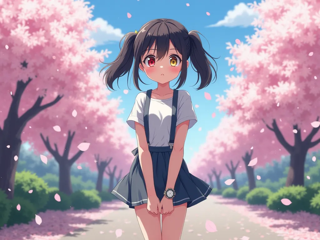 Create me an anime-style image of a girl with a full body and who is barefoot with black hair with two pigtails, with one eye colored red and the other eye colored yellow and inside that eye a watch with a short skirt and a t-shirt with straps and in the b...