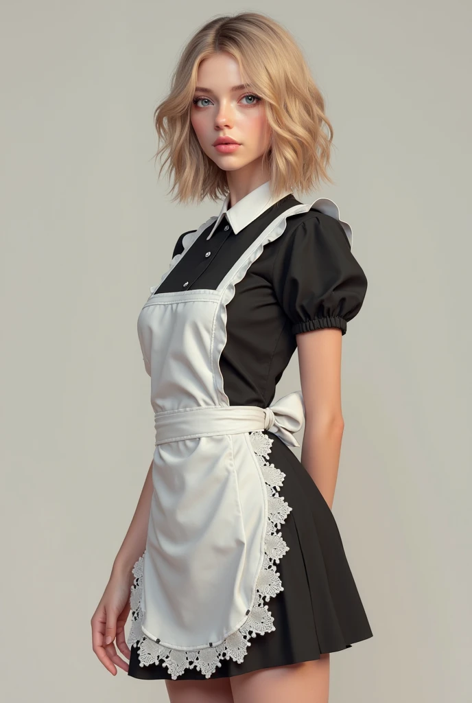 A 16-year-old pre-, blonde,  hottie, thin, She's wearing a sexy maid outfit.  The image has to be realistic 