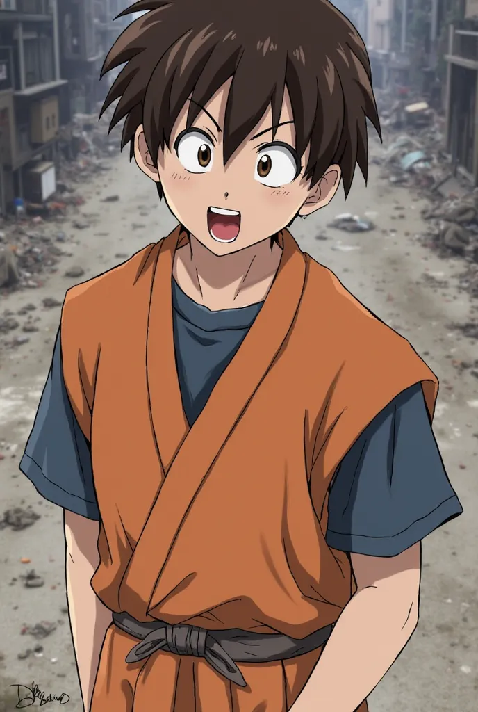 adult,Alone,Shinji Ikari,Evangelion 3.0,orange kimono ,  short sleeve, blue shirt,  short sleeve,male focus,martial artist costume,Scream in fury,Open mouth,brown eyes,fringe, brown hair,Bottom, destroyed city,signature,short hair,looking forward,short bla...