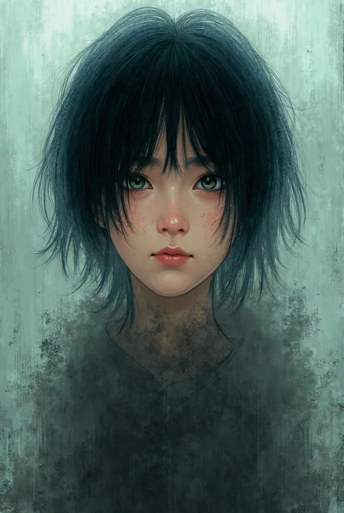 Make a 15-year-old girl with Asian features, black eyes and short hair in the shape of a c , with an apocalyptic look, with a realistic comic book style with dark color palette.