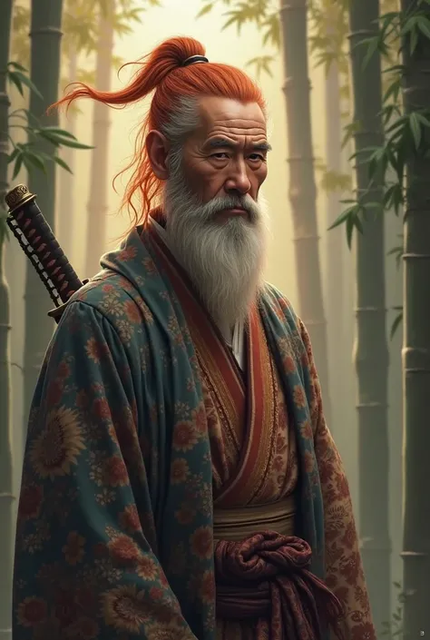 Grandpa character with full red hair tied in a bun in a kimono and katana