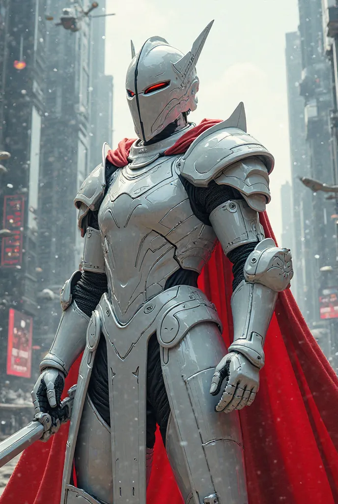 A knight wearing white and red against a future human being 