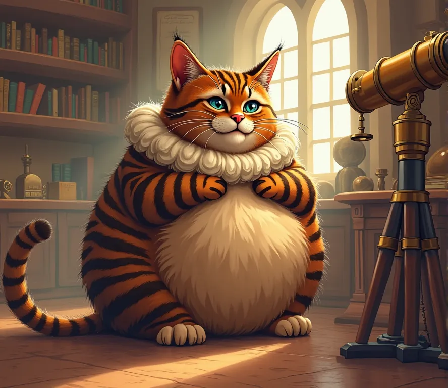 A portrayed image of Galileo as a very chunky tabby cat sitting in an observatory. (((cat looks like Galileo and has neck ruffles))). Setting: midday 