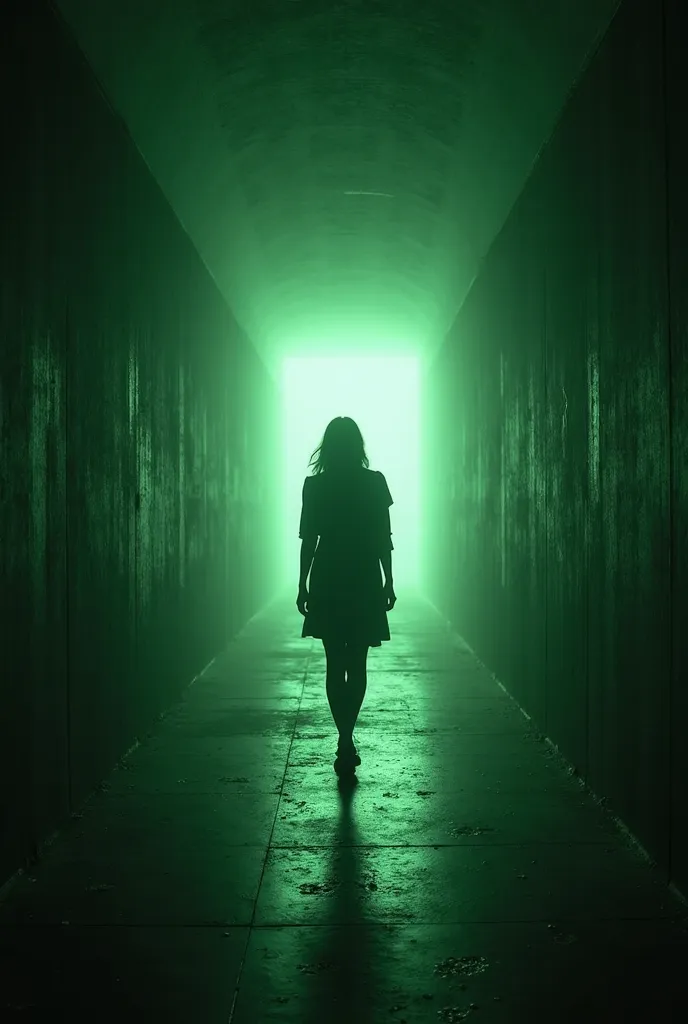 a woman in a long corridor where the green light comes, digital art Eglon van der Neer, pexels,  conceptual art , threshold space corridor, eerie creepy liminal space, scary empty, places on the border, light at the end of the tunnel, mysteriously creepy l...