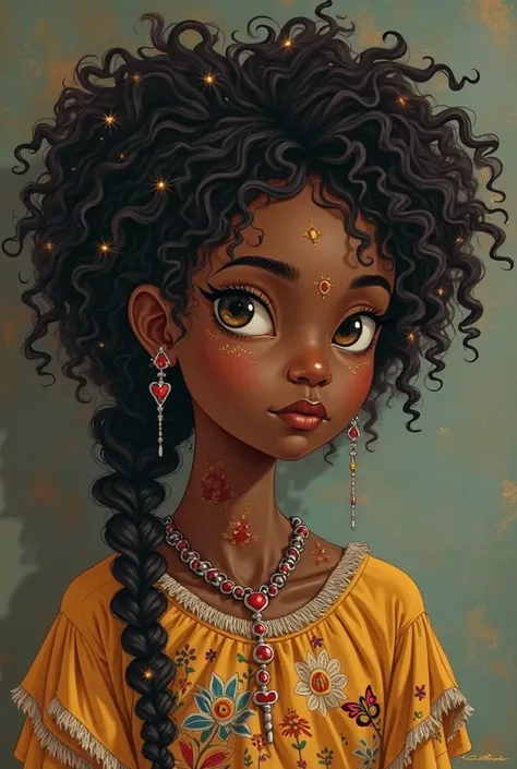 king/Negra
She has curly hair/Big Afro at the waist
Amber eye color 
Scars all over the body but the face
A white lock in the hair
A braid in the hair sometimes 
She wears gloves 
She wears light clothes with pastel and flowery colors or dark clothes with ...