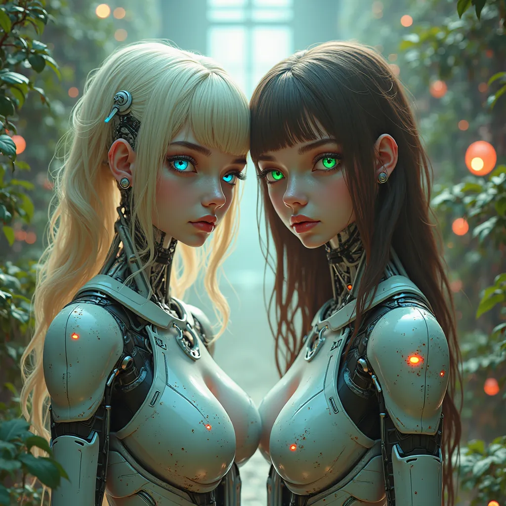 A full-bodied blonde girl who is totally robotic except for her face, The blond hair and the blue eyes, second girl with the full ceramic body except the face with brown hair and green eyes