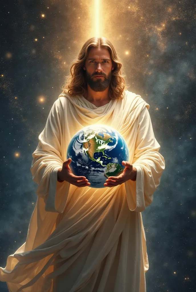 Create a highly detailed and awe-inspiring image of Jesus Christ standing in the vastness of space, holding the planet Earth gently in his hands. Jesus is depicted in flowing, radiant white robes that shimmer with a celestial glow, contrasting with the inf...