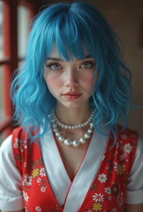  realistic photo, high resolution ; Ukrainian woman in japanese schoolgirl outfit ; She is wearing a pearl necklace ; la photo est en noir et blanc, except the hair which is azure blue and the pearl necklace which is bright red