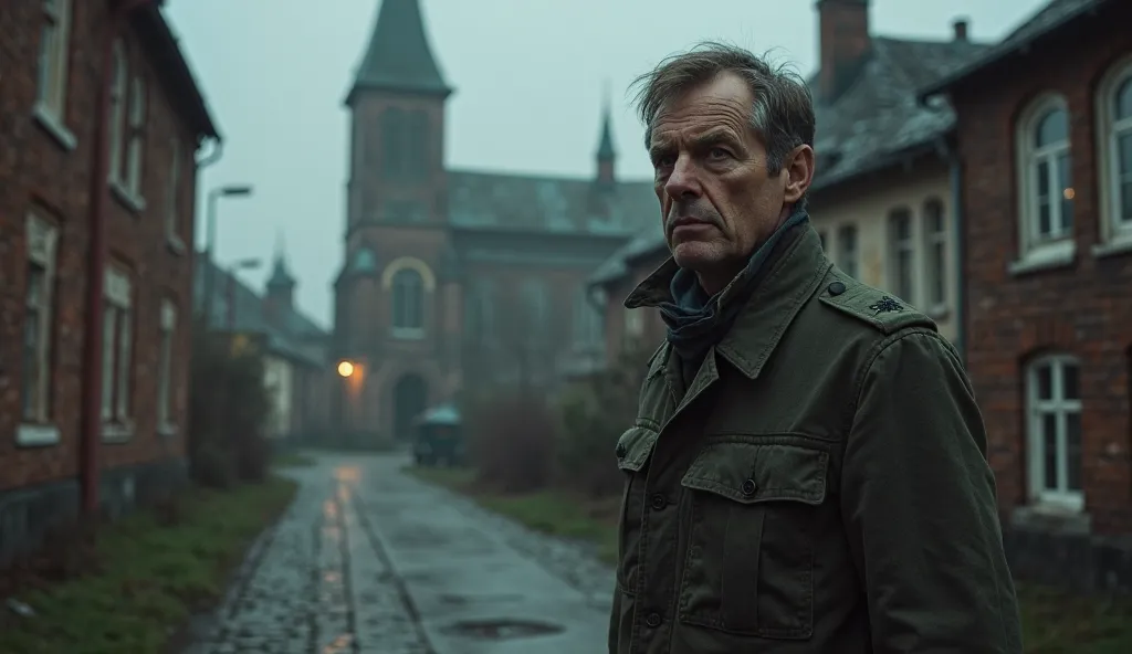 Soviet investigator in Deverne, church in the background. A creepy and depressing photo.