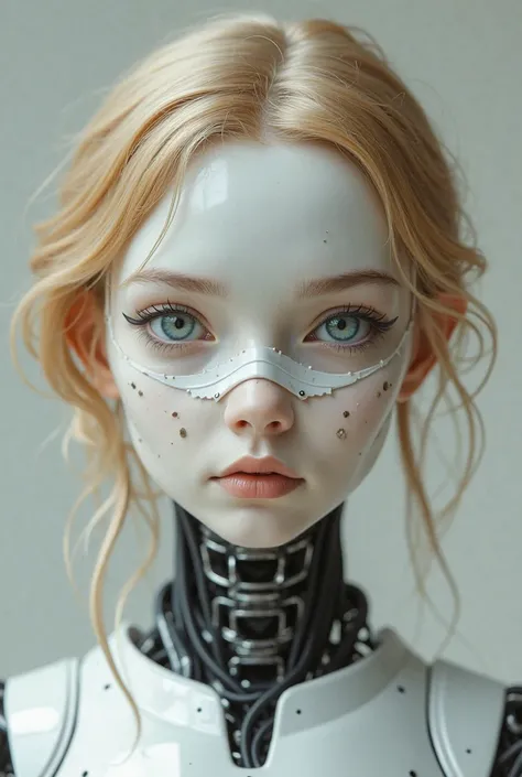 A blonde girl with a full body totally robotic except for her face, The blond hair and the blue eyes, second girl with the full ceramic body except the face with brown hair and green eyes, The eyes of both girls must be seen as human, The face with a porce...