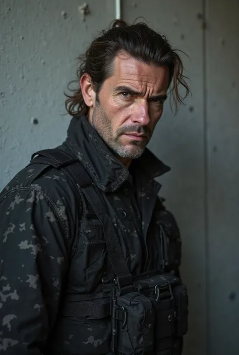 Male about 45 years old , with dark brown hair with half of his hair tied, attractive and severe features,  with white skin, dressed in a black camouflage uniform, with a gray wall behind 