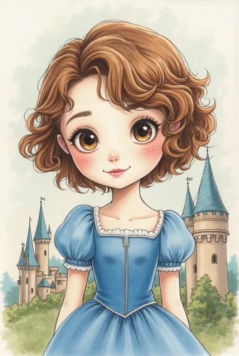 a ,  colored coat with short hair, brown and curly, and round brown eyes , white skin color, dressed as a princess with a blue dress and a castle in the background all drawn with a pencil in pastel tones and pale colors