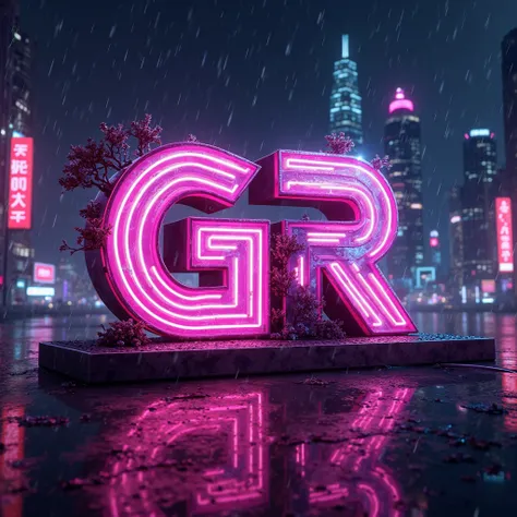 A neon cyberpunk gaming logo featuring the initials 'GR' in ultra-detailed 3D, with a glowing gradient (pink to purple) and holographic accents. The 'G' incorporates a futuristic gaming controller design, while the 'R' has a sharp, glowing edge with a digi...